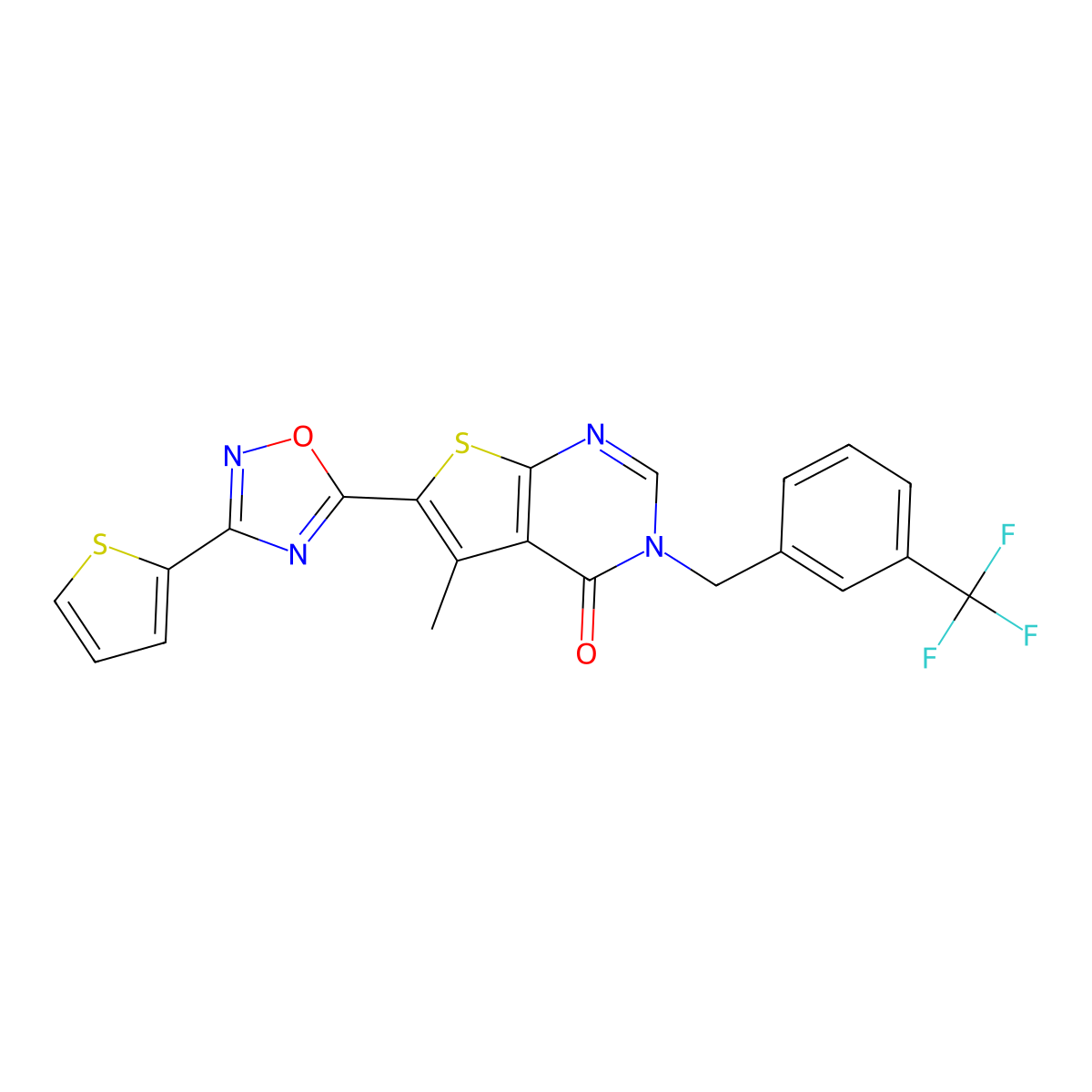 5-methyl-6-[3-(thiophen-2-yl)-1,2,4-oxadiazol-5-yl]-3-[3-(trifluoromethyl)benzyl]thieno[2,3-d]pyrimidin-4(3H)-one molecular structure, CAS 1326868-83-0