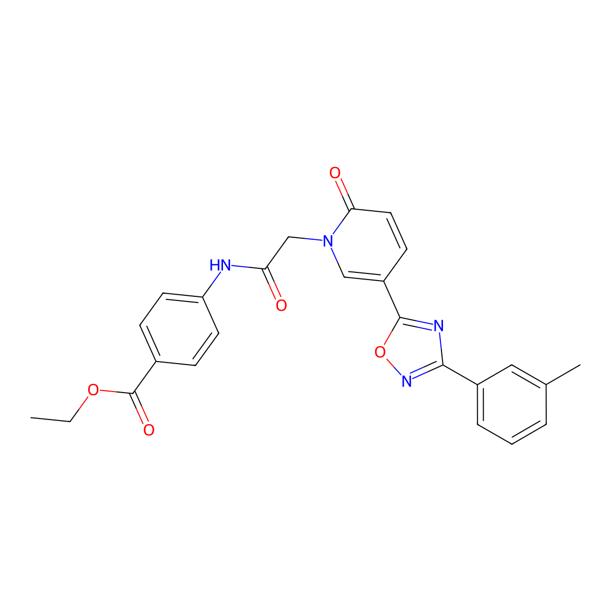 Ethyl 4-(2-{5-[3-(3-methylphenyl)-1,2,4-oxadiazol-5-yl]-2-oxo-1,2-dihydropyridin-1-yl}acetamido)benzoate molecular structure, CAS 1326868-87-4