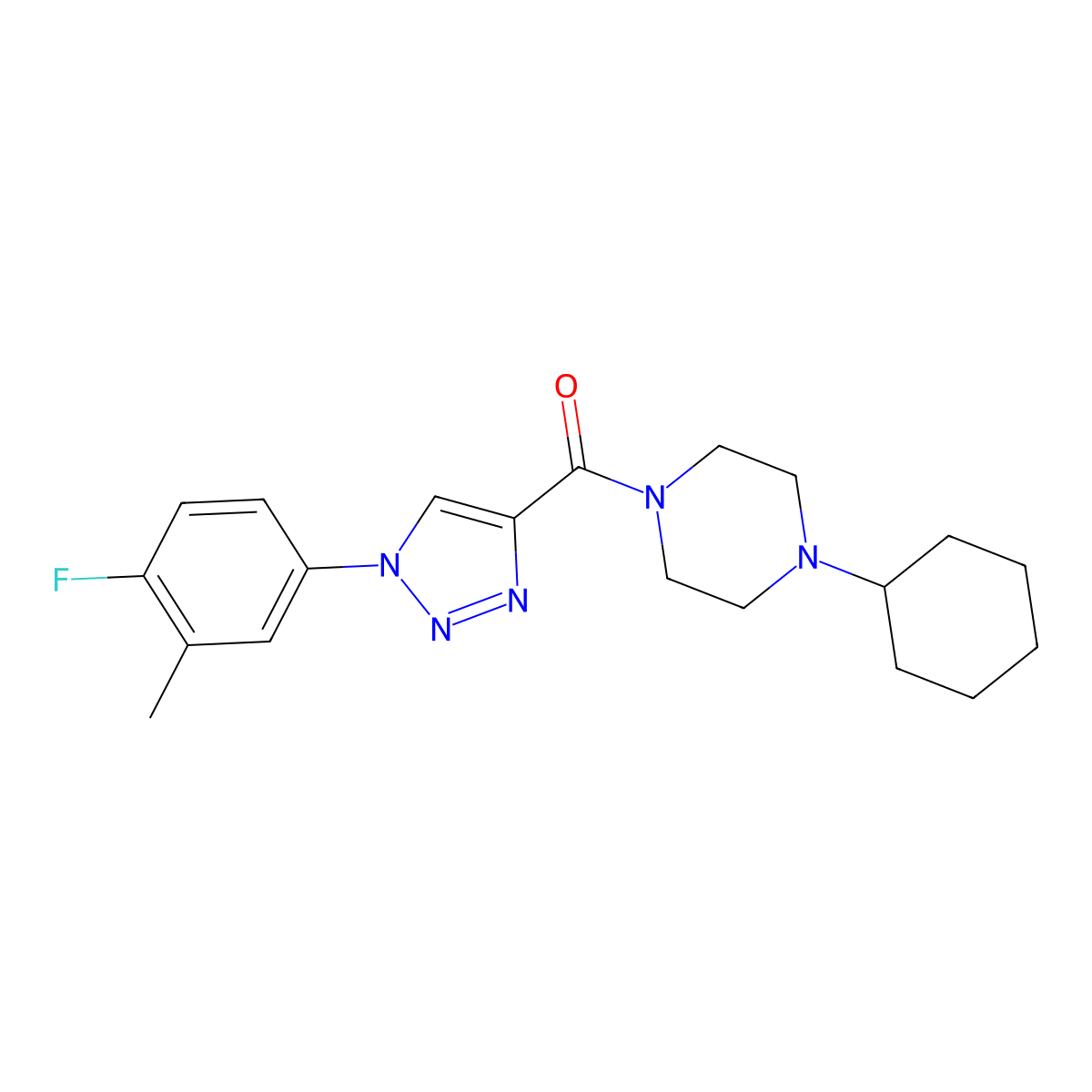 (4-cyclohexylpiperazin-1-yl)(1-(4-fluoro-3-methylphenyl)-1H-1,2,3-triazol-4-yl)methanone molecular structure, CAS 1326869-50-4