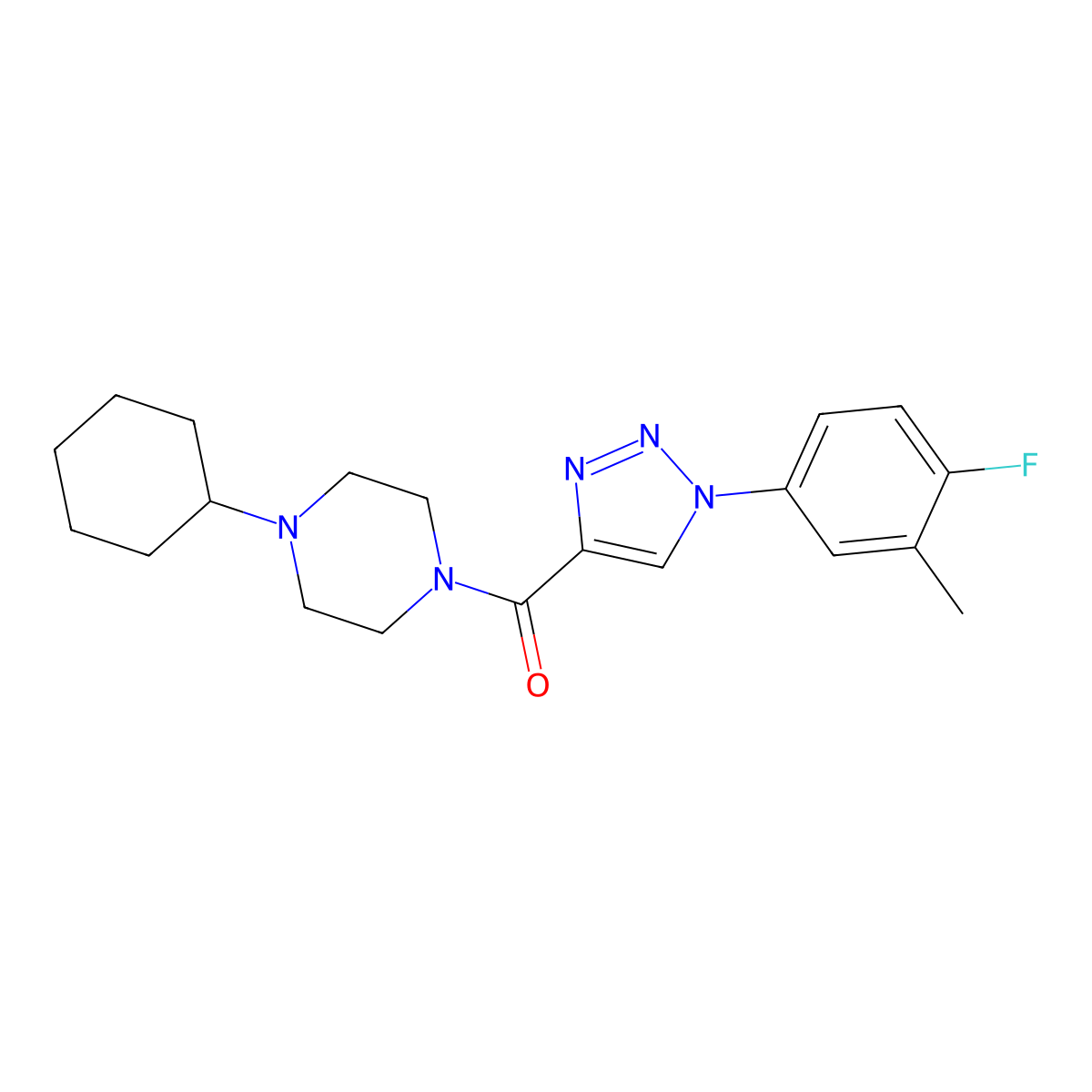 (4-cyclohexylpiperazin-1-yl)(1-(4-fluoro-3-methylphenyl)-1H-1,2,3-triazol-4-yl)methanone molecular structure, CAS 1326869-50-4