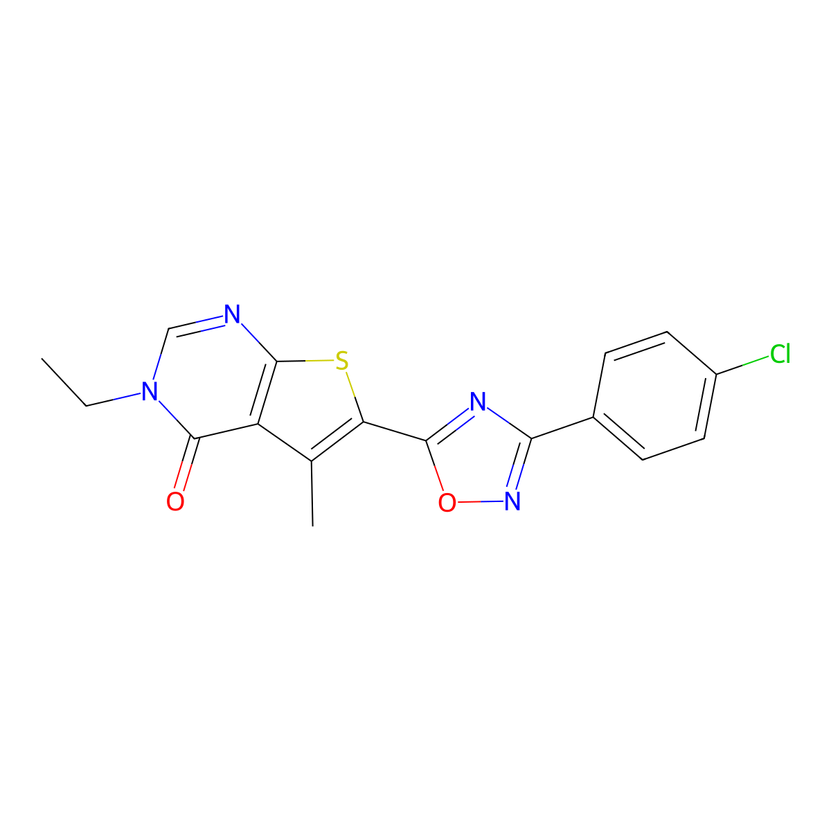 6-[3-(4-chlorophenyl)-1,2,4-oxadiazol-5-yl]-3-ethyl-5-methyl-3H,4H-thieno[2,3-d]pyrimidin-4-one molecular structure, CAS 1326875-74-4