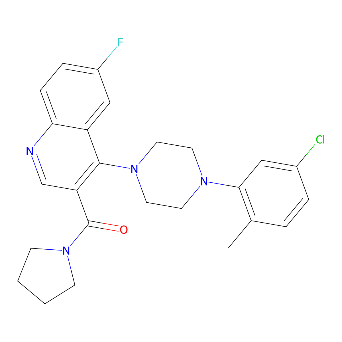 (4-(4-(5-Chloro-2-methylphenyl)piperazin-1-yl)-6-fluoroquinolin-3-yl)(pyrrolidin-1-yl)methanone molecular structure, CAS 1326877-41-1