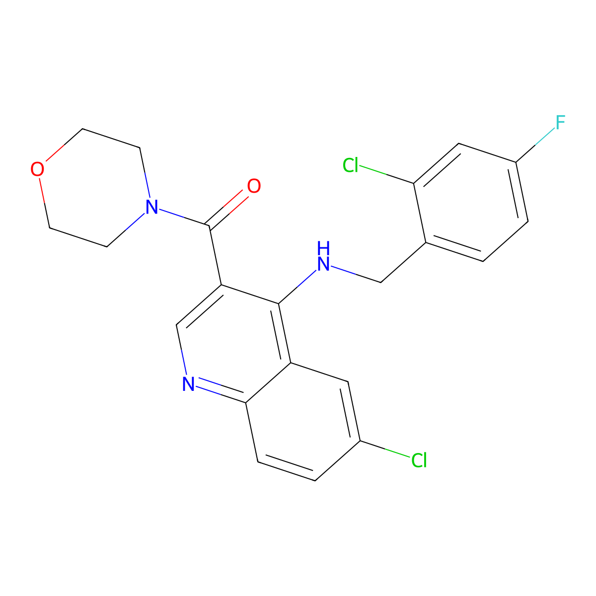 {6-Chloro-4-[(2-chloro-4-fluorobenzyl)amino]quinolin-3-yl}(morpholin-4-yl)methanone molecular structure, CAS 1326878-49-2