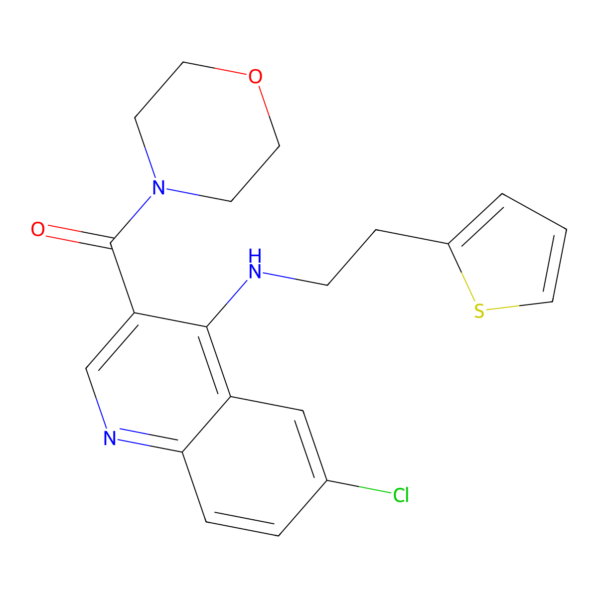 (6-Chloro-4-{[2-(thiophen-2-yl)ethyl]amino}quinolin-3-yl)(morpholin-4-yl)methanone molecular structure, CAS 1326878-55-0