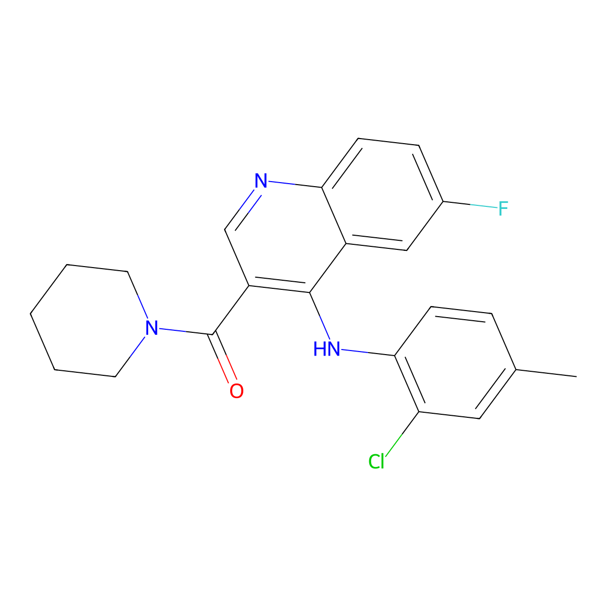 (4-((2-Chloro-4-methylphenyl)amino)-6-fluoroquinolin-3-yl)(piperidin-1-yl)methanone molecular structure, CAS 1326878-91-4