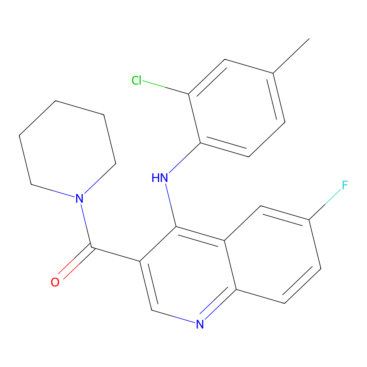 (4-((2-Chloro-4-methylphenyl)amino)-6-fluoroquinolin-3-yl)(piperidin-1-yl)methanone molecular structure, CAS 1326878-91-4