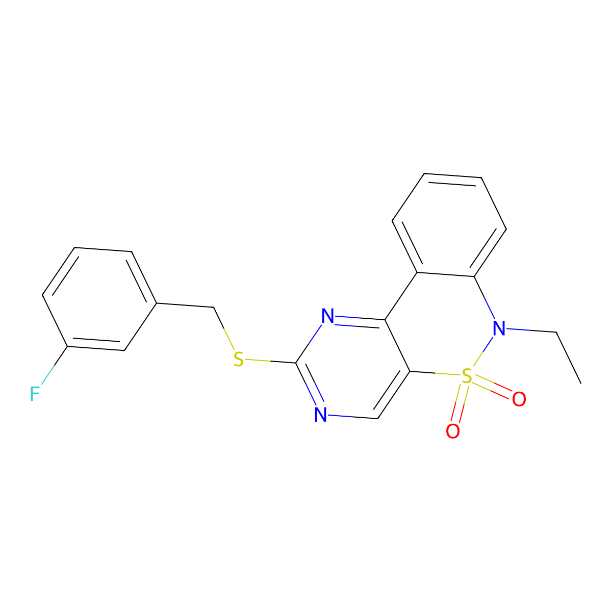 6-ethyl-2-[(3-fluorobenzyl)sulfanyl]-6H-pyrimido[5,4-c][2,1]benzothiazine 5,5-dioxide molecular structure, CAS 1326879-48-4