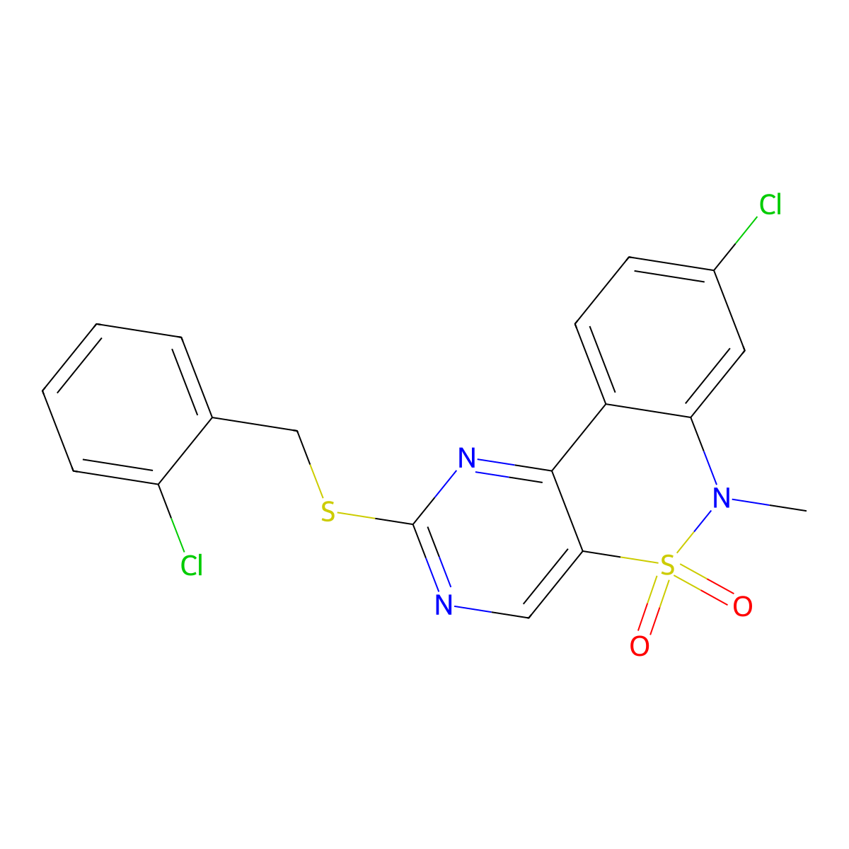 8-chloro-2-[(2-chlorobenzyl)sulfanyl]-6-methyl-6H-pyrimido[5,4-c][2,1]benzothiazine 5,5-dioxide molecular structure, CAS 1326879-61-1