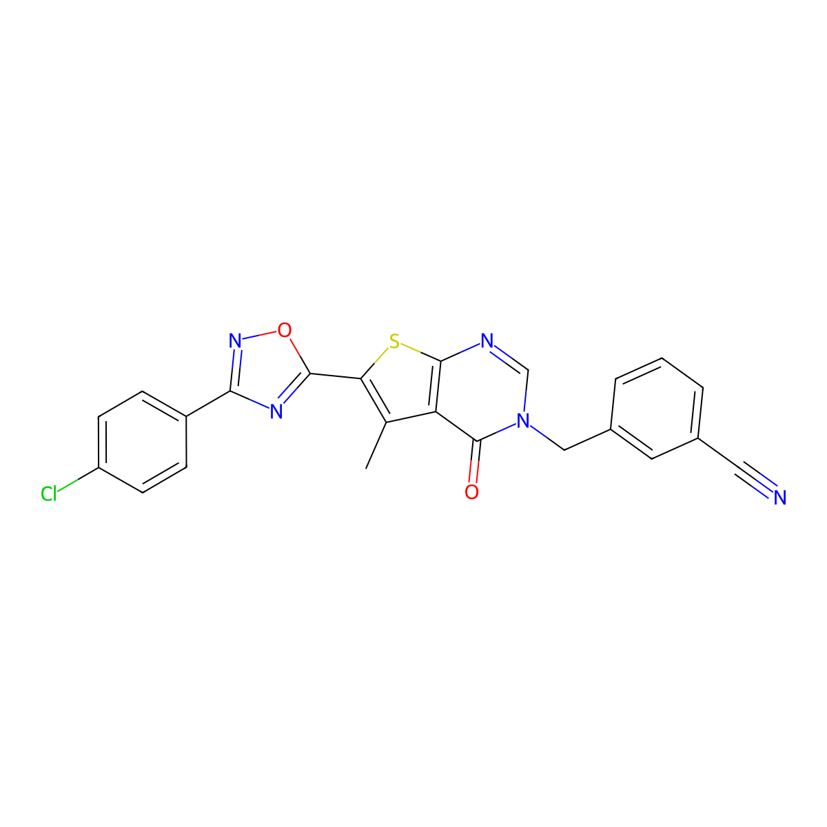 3-((6-(3-(4-chlorophenyl)-1,2,4-oxadiazol-5-yl)-5-methyl-4-oxothieno[2,3-d]pyrimidin-3(4H)-yl)methyl)benzonitrile molecular structure, CAS 1326879-82-6