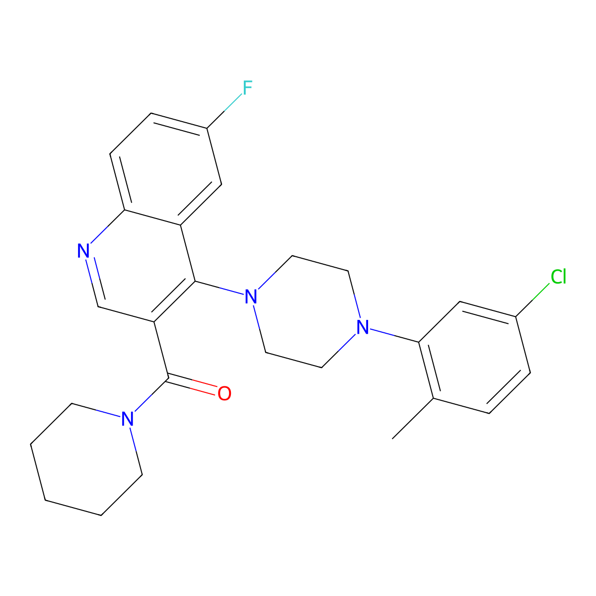 (4-(4-(5-Chloro-2-methylphenyl)piperazin-1-yl)-6-fluoroquinolin-3-yl)(piperidin-1-yl)methanone molecular structure, CAS 1326883-61-7