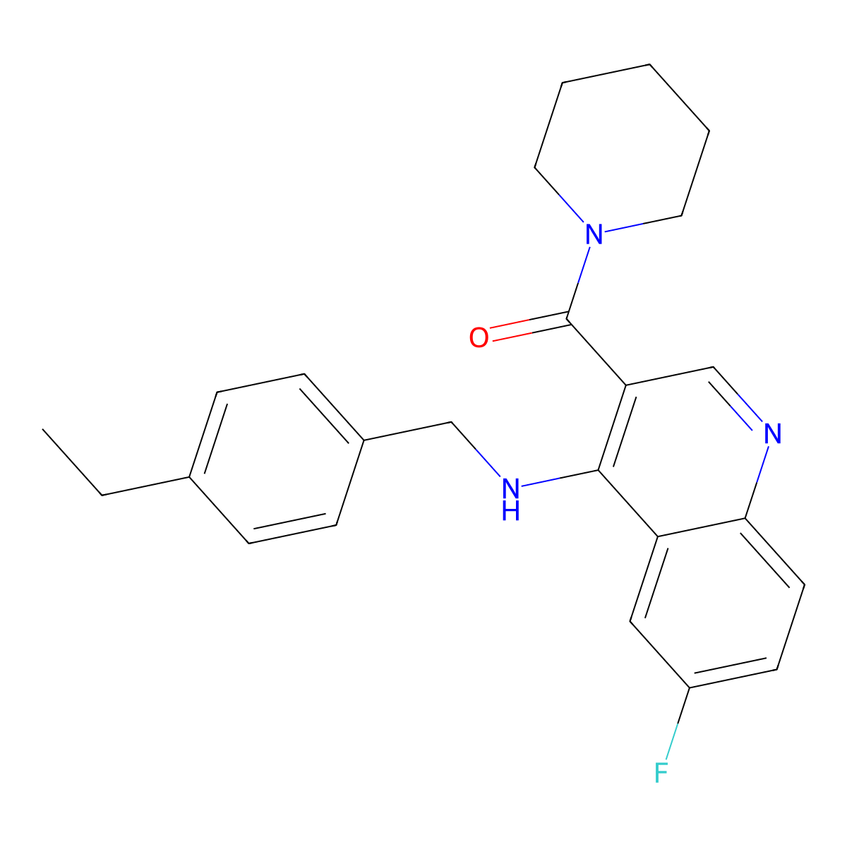 (4-((4-Ethylbenzyl)amino)-6-fluoroquinolin-3-yl)(piperidin-1-yl)methanone molecular structure, CAS 1326884-21-2
