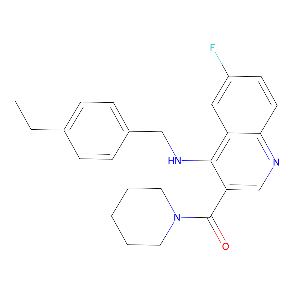 (4-((4-Ethylbenzyl)amino)-6-fluoroquinolin-3-yl)(piperidin-1-yl)methanone molecular structure, CAS 1326884-21-2