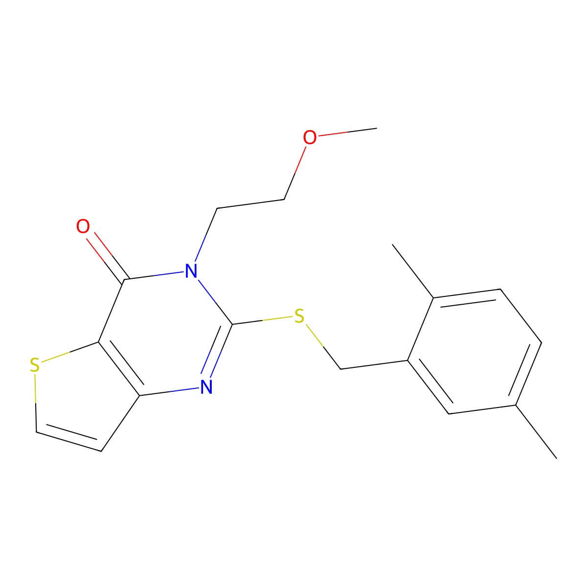 2-[(2,5-dimethylbenzyl)sulfanyl]-3-(2-methoxyethyl)thieno[3,2-d]pyrimidin-4(3H)-one molecular structure, CAS 1326888-45-2