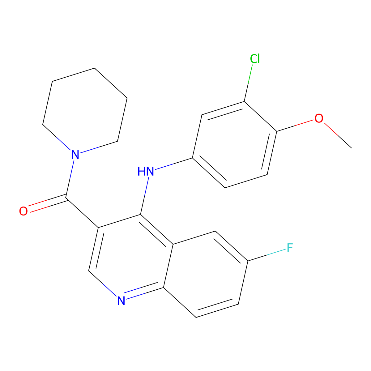 (4-((3-Chloro-4-methoxyphenyl)amino)-6-fluoroquinolin-3-yl)(piperidin-1-yl)methanone molecular structure, CAS 1326889-45-5