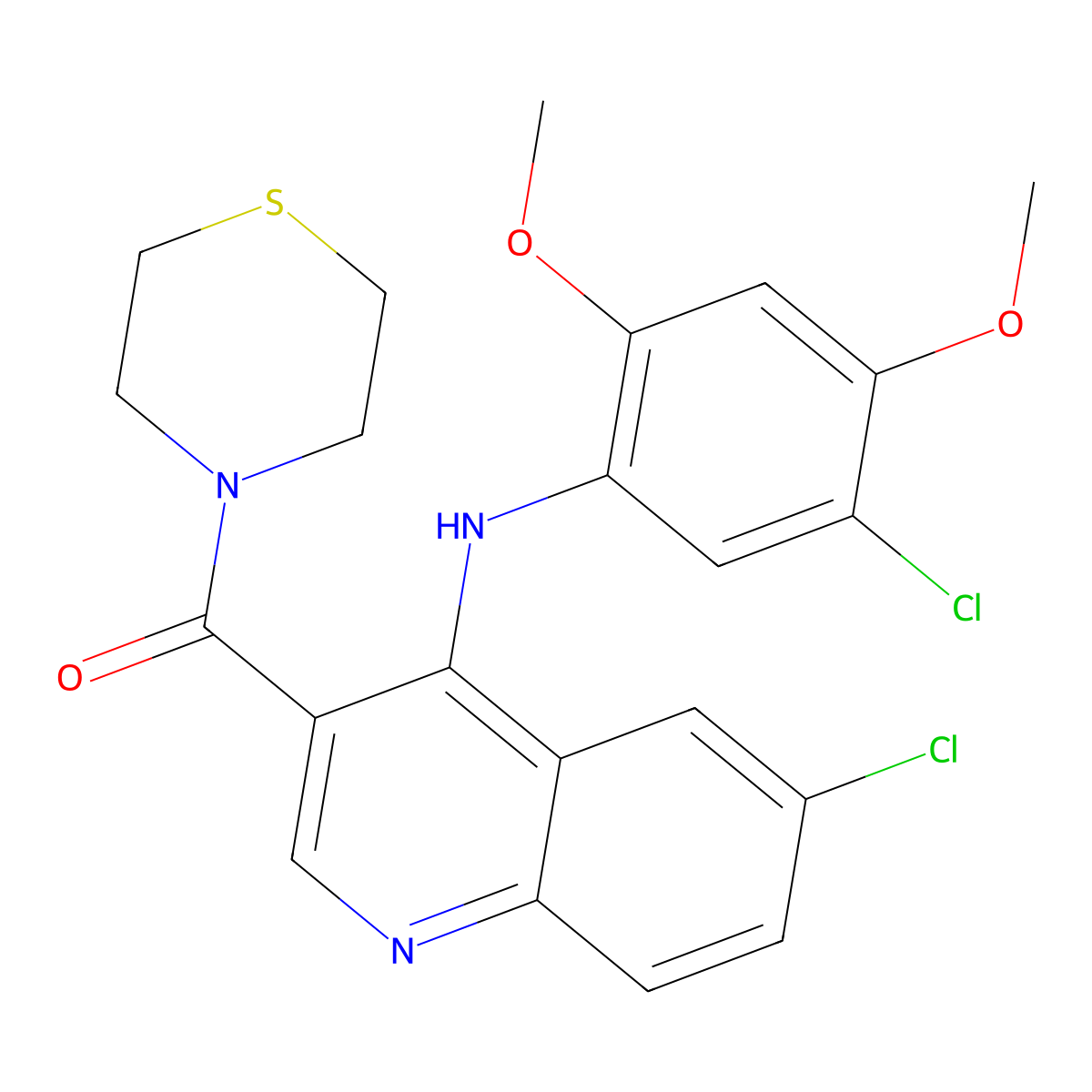 6-chloro-N-(5-chloro-2,4-dimethoxyphenyl)-3-(thiomorpholin-4-ylcarbonyl)quinolin-4-amine molecular structure, CAS 1326892-31-2