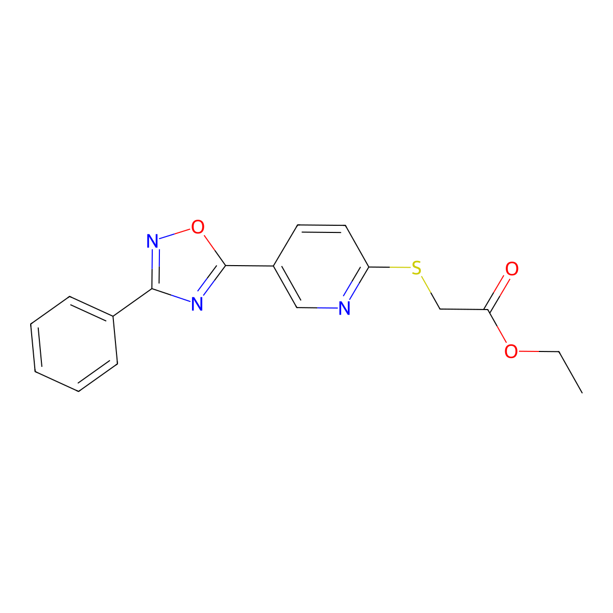 Ethyl {[5-(3-phenyl-1,2,4-oxadiazol-5-yl)pyridin-2-yl]sulfanyl}acetate molecular structure, CAS 1326894-74-9
