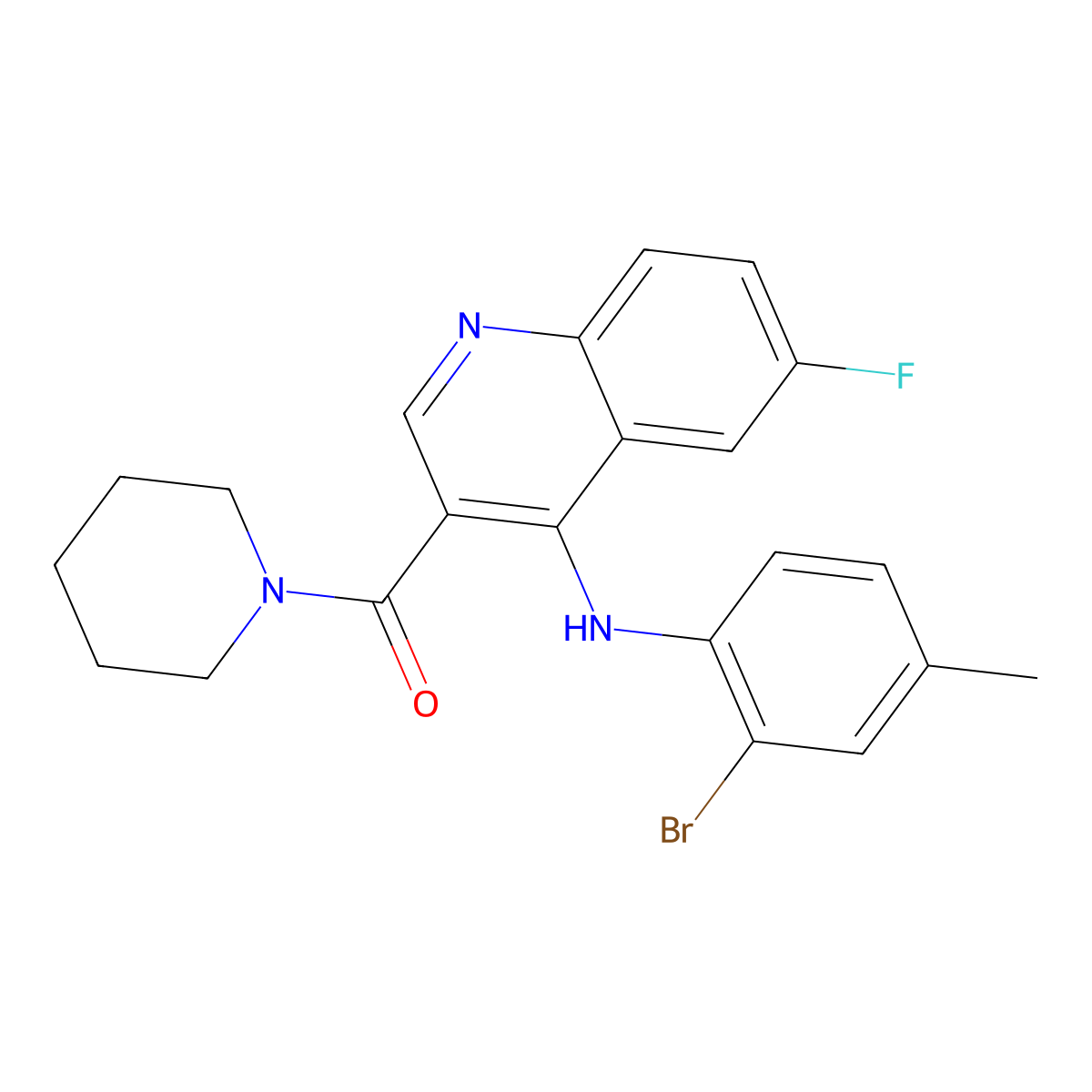 (4-((2-Bromo-4-methylphenyl)amino)-6-fluoroquinolin-3-yl)(piperidin-1-yl)methanone molecular structure, CAS 1326899-35-7