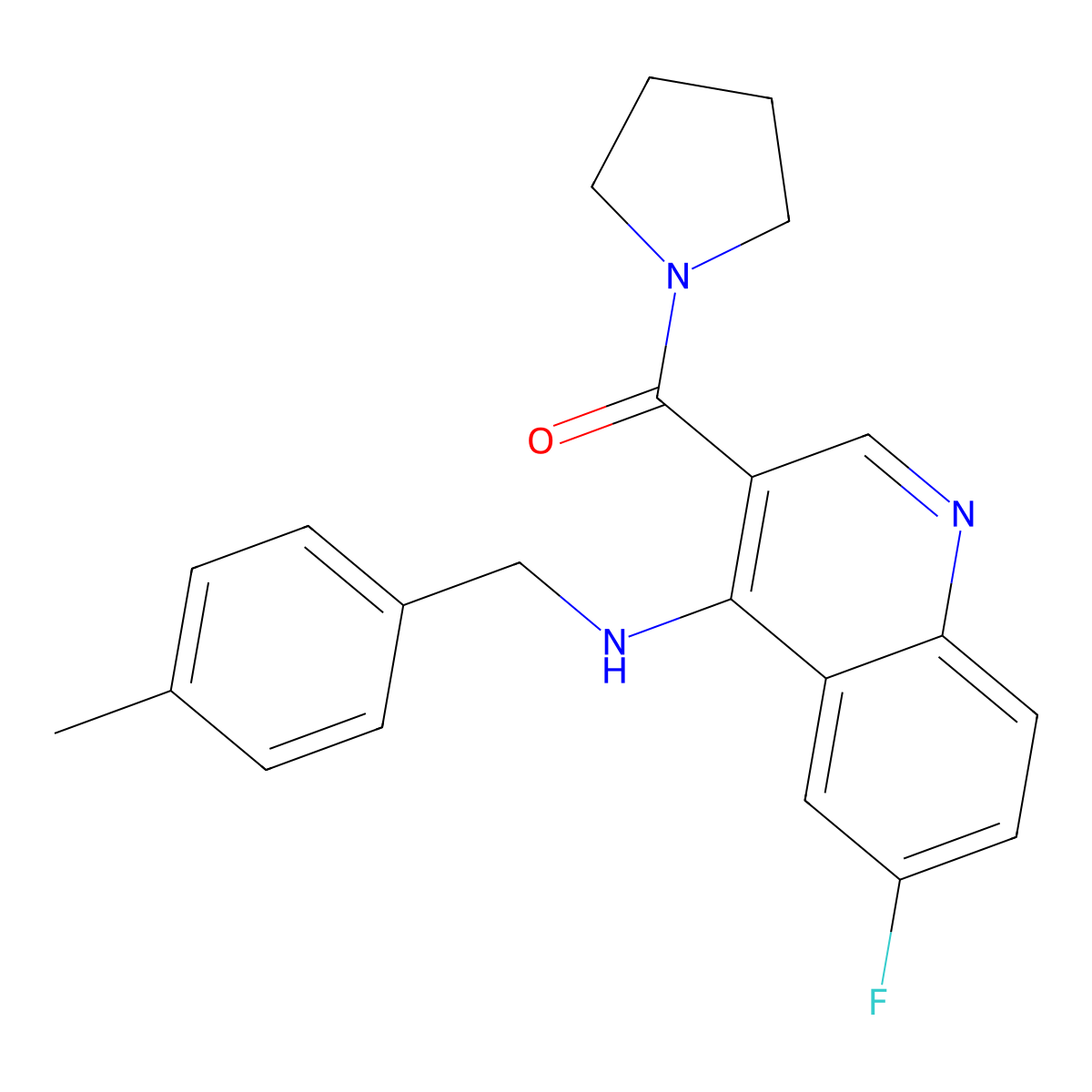 (6-Fluoro-4-((4-methylbenzyl)amino)quinolin-3-yl)(pyrrolidin-1-yl)methanone molecular structure, CAS 1326899-89-1