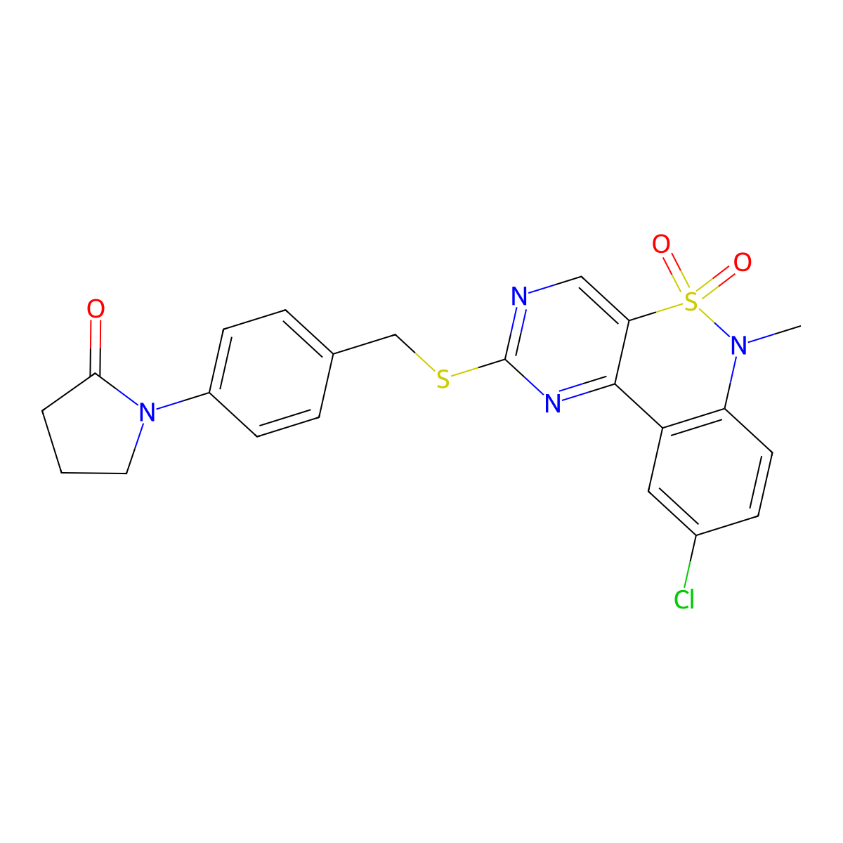 1-(4-{[(9-chloro-6-methyl-5,5-dioxido-6H-pyrimido[5,4-c][2,1]benzothiazin-2-yl)sulfanyl]methyl}phenyl)pyrrolidin-2-one molecular structure, CAS 1326900-06-4