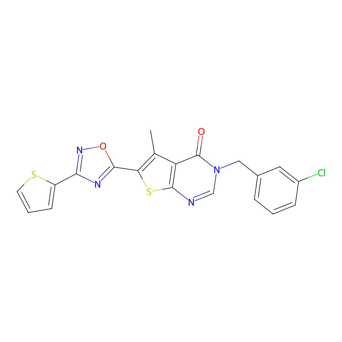 3-(3-chlorobenzyl)-5-methyl-6-[3-(thiophen-2-yl)-1,2,4-oxadiazol-5-yl]thieno[2,3-d]pyrimidin-4(3H)-one molecular structure, CAS 1326900-25-7