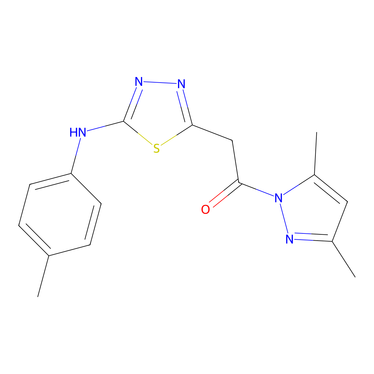 1-(3,5-dimethyl-1H-pyrazol-1-yl)-2-{5-[(4-methylphenyl)amino]-1,3,4-thiadiazol-2-yl}ethanone molecular structure, CAS 1326902-49-1