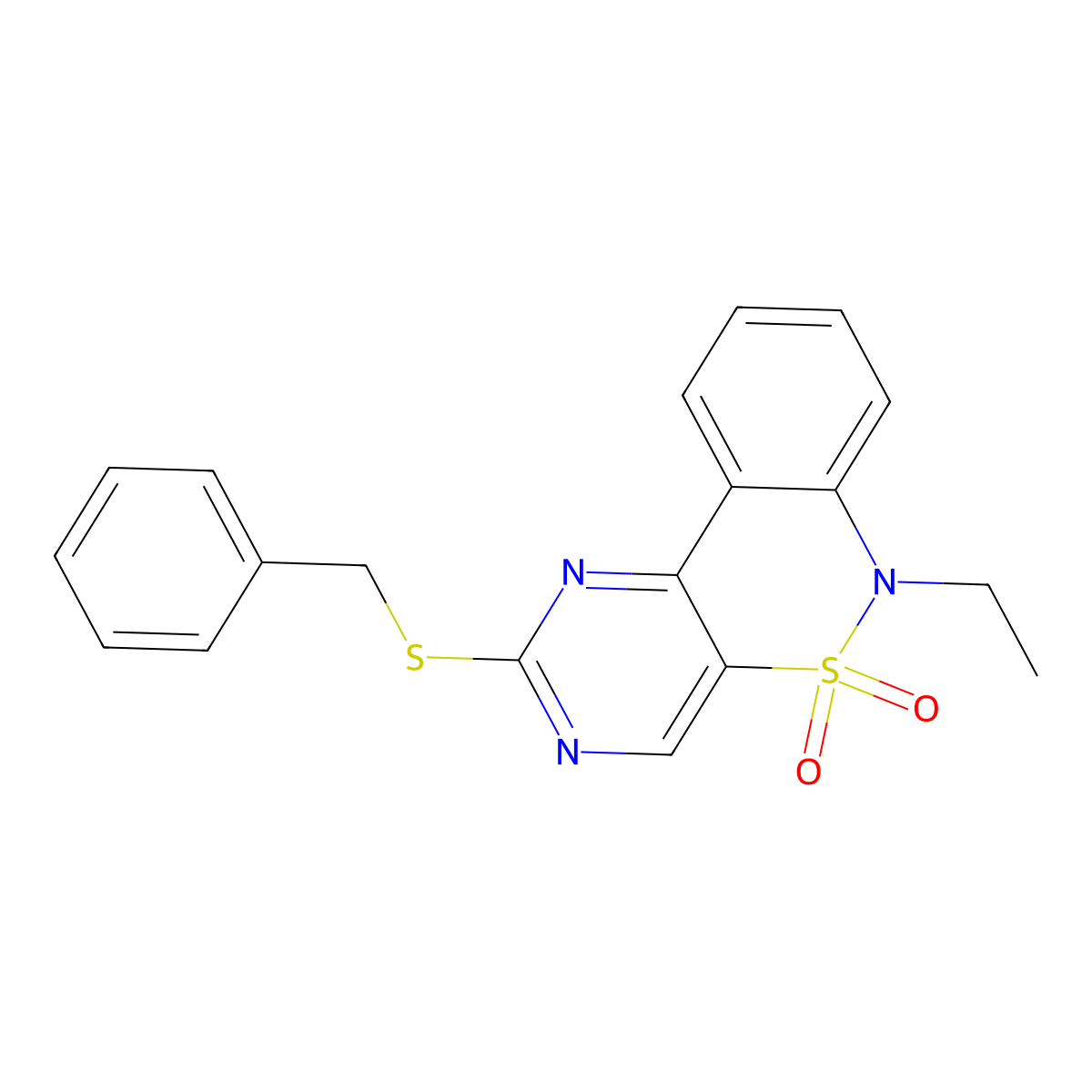 4-(Benzylsulfanyl)-9-ethyl-8lambda6-thia-3,5,9-triazatricyclo[8.4.0.0^{2,7}]tetradeca-1(14),2(7),3,5,10,12-hexaene-8,8-dione molecular structure, CAS 1326908-19-3