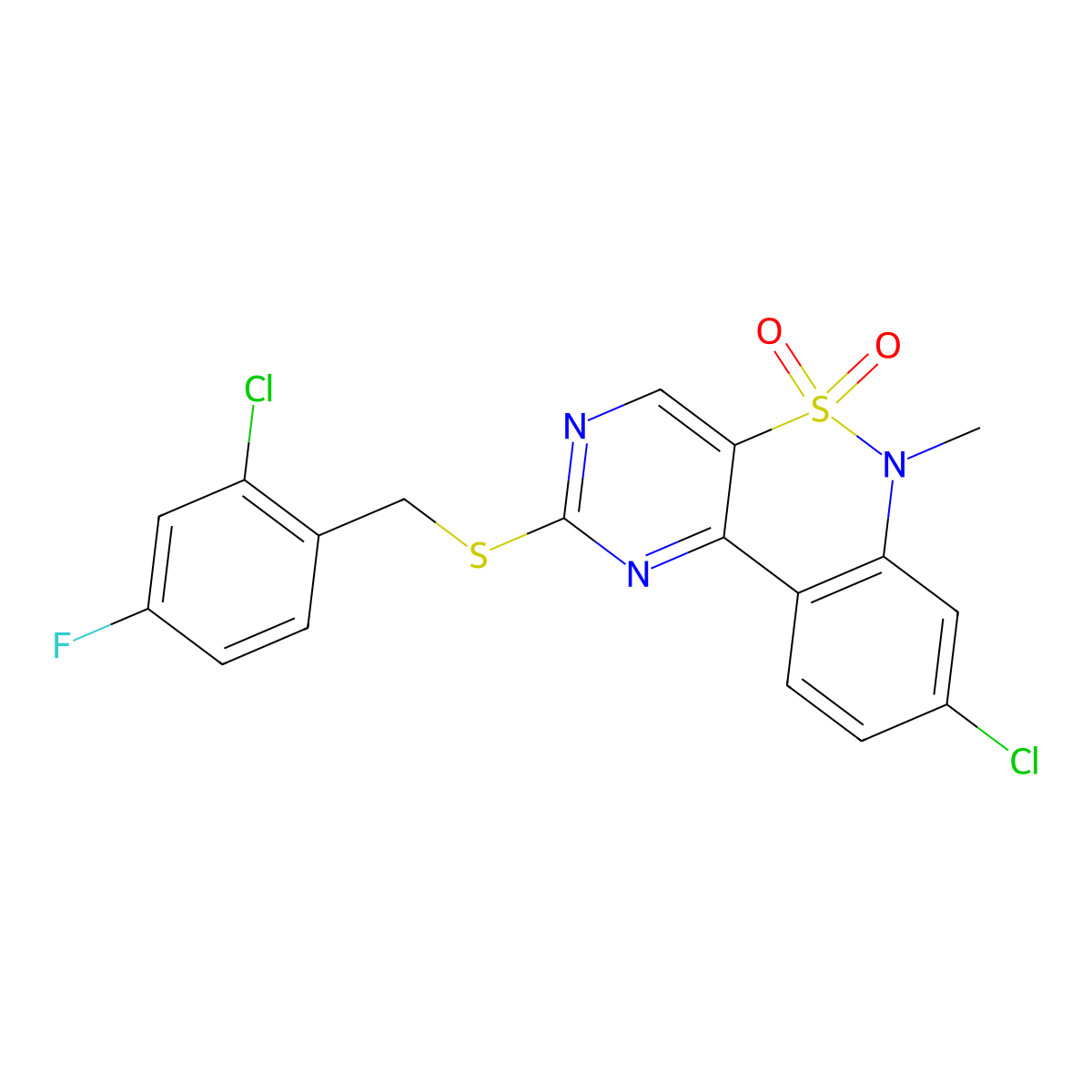 8-chloro-2-[(2-chloro-4-fluorobenzyl)sulfanyl]-6-methyl-6H-pyrimido[5,4-c][2,1]benzothiazine 5,5-dioxide molecular structure, CAS 1326908-37-5