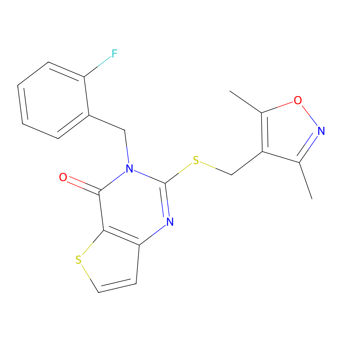 2-{[(3,5-dimethyl-1,2-oxazol-4-yl)methyl]sulfanyl}-3-(2-fluorobenzyl)thieno[3,2-d]pyrimidin-4(3H)-one molecular structure, CAS 1326914-74-2