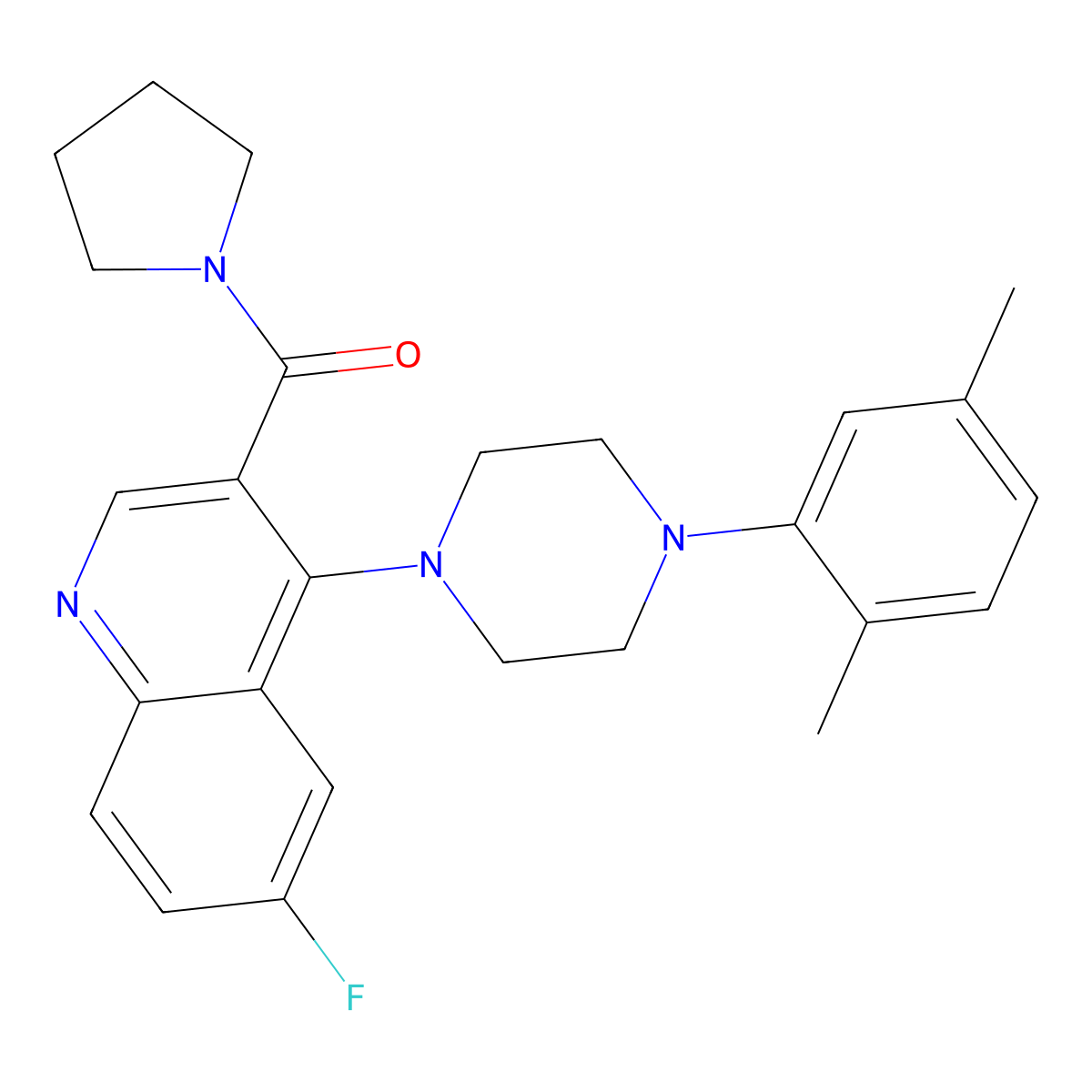 (4-(4-(2,5-Dimethylphenyl)piperazin-1-yl)-6-fluoroquinolin-3-yl)(pyrrolidin-1-yl)methanone molecular structure, CAS 1326917-89-8