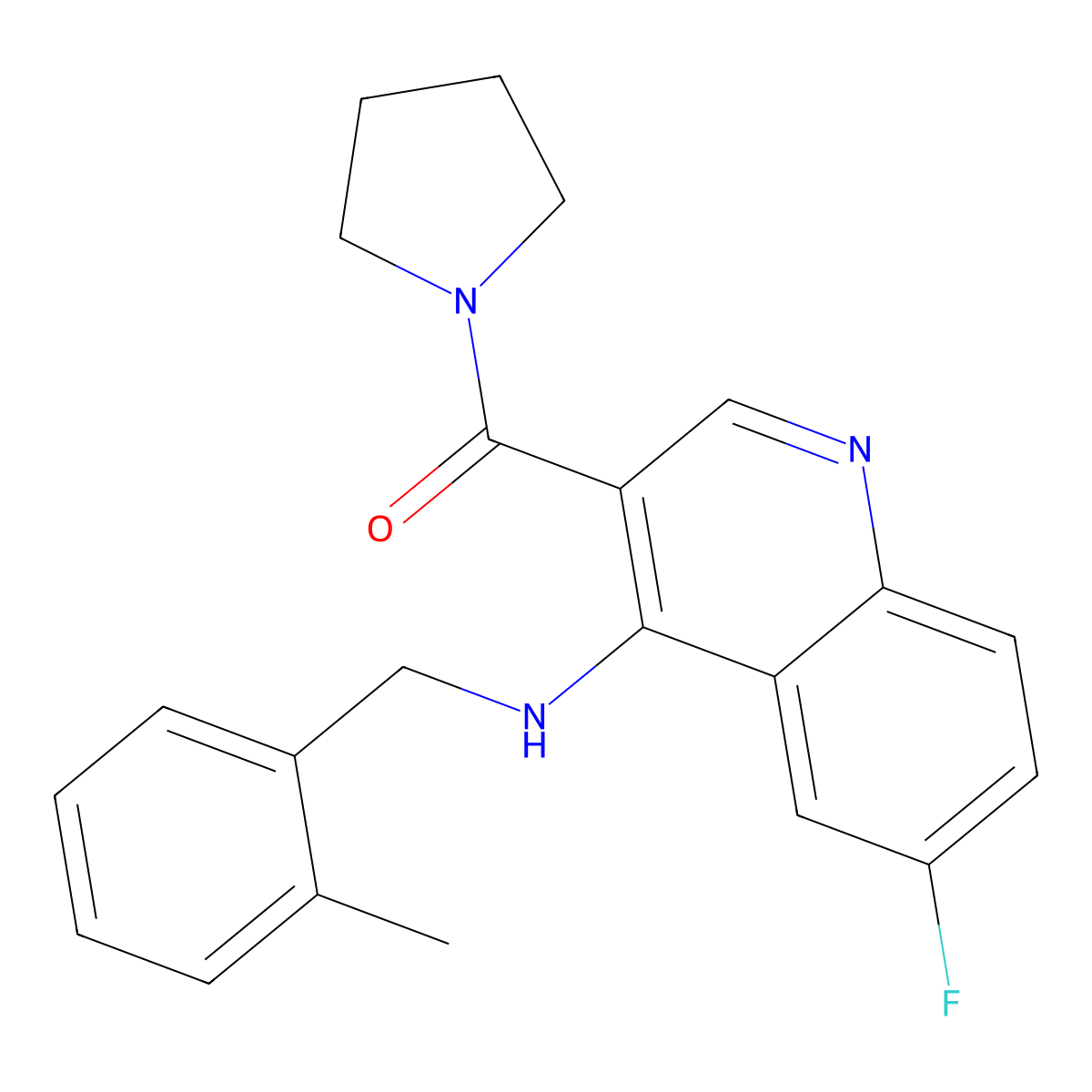 (6-Fluoro-4-((2-methylbenzyl)amino)quinolin-3-yl)(pyrrolidin-1-yl)methanone molecular structure, CAS 1326922-06-8