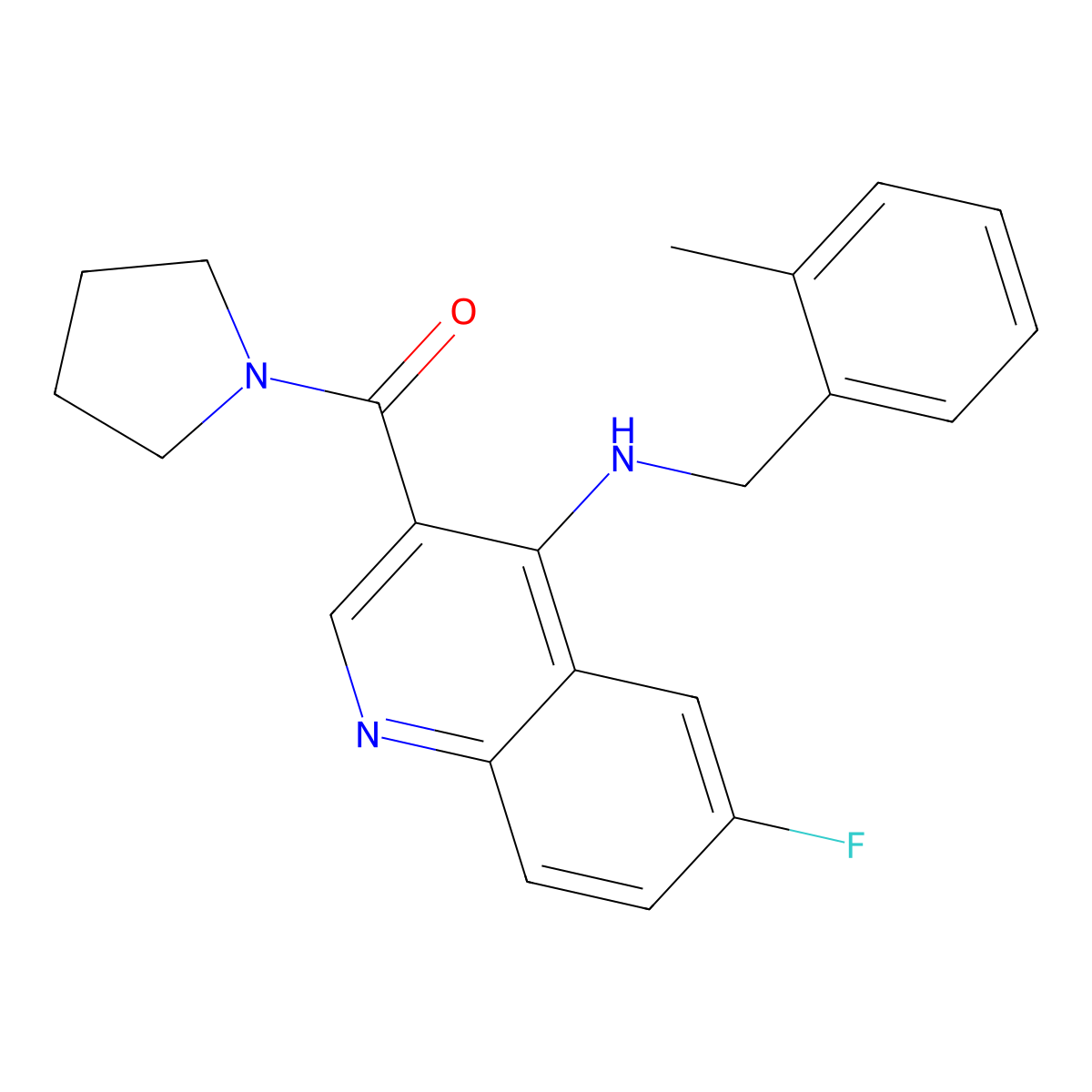 (6-Fluoro-4-((2-methylbenzyl)amino)quinolin-3-yl)(pyrrolidin-1-yl)methanone molecular structure, CAS 1326922-06-8