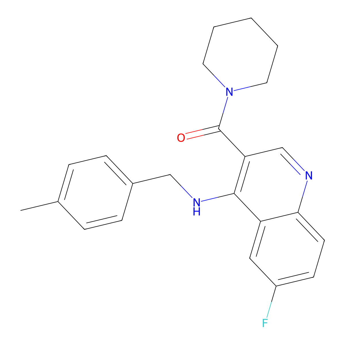 (6-Fluoro-4-((4-methylbenzyl)amino)quinolin-3-yl)(piperidin-1-yl)methanone molecular structure, CAS 1326922-53-5