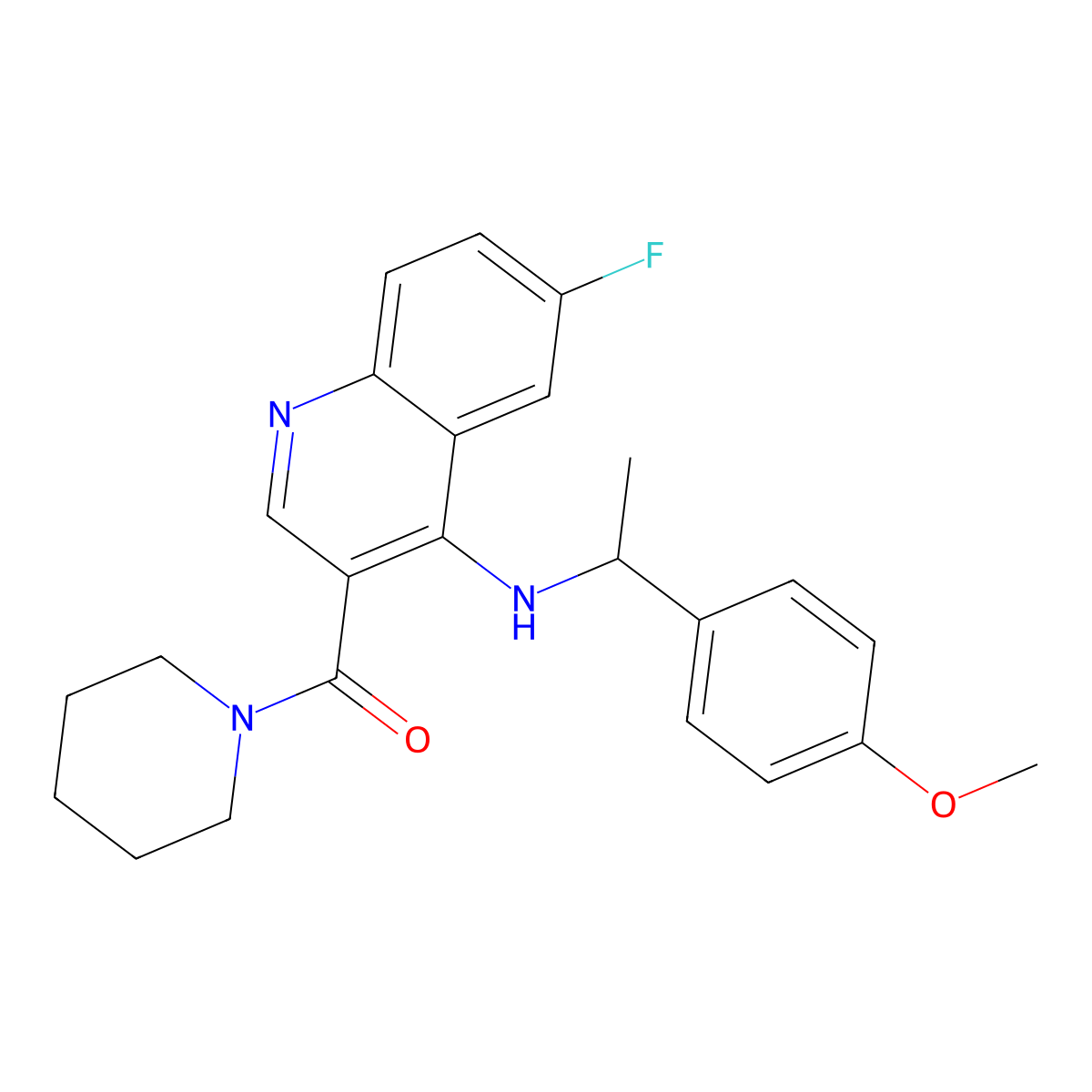 (6-Fluoro-4-((1-(4-methoxyphenyl)ethyl)amino)quinolin-3-yl)(piperidin-1-yl)methanone molecular structure, CAS 1326922-69-3