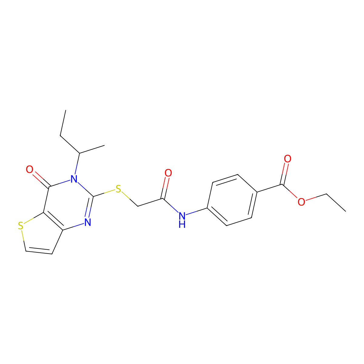 Ethyl 4-(2-((3-(sec-butyl)-4-oxo-3,4-dihydrothieno[3,2-d]pyrimidin-2-yl)thio)acetamido)benzoate molecular structure, CAS 1326923-69-6