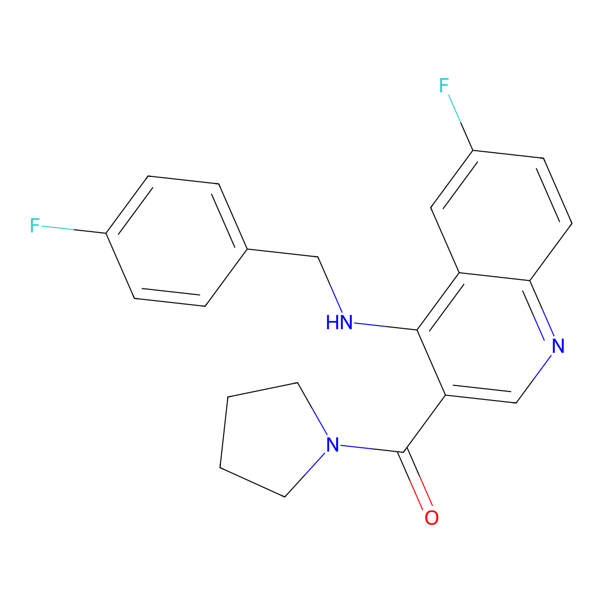 (6-Fluoro-4-((4-fluorobenzyl)amino)quinolin-3-yl)(pyrrolidin-1-yl)methanone molecular structure, CAS 1326930-06-6