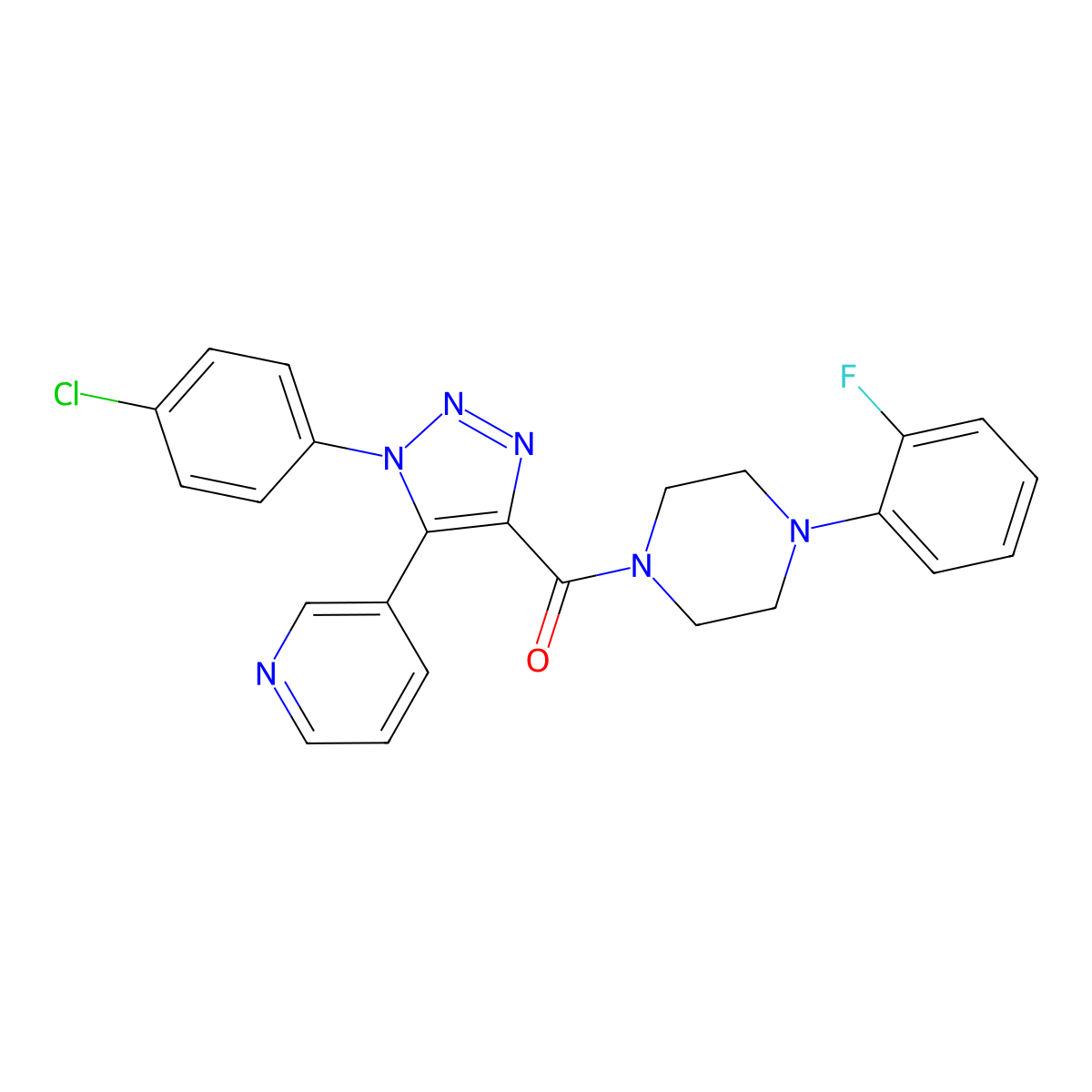 (1-(4-chlorophenyl)-5-(pyridin-3-yl)-1H-1,2,3-triazol-4-yl)(4-(2-fluorophenyl)piperazin-1-yl)methanone molecular structure, CAS 1326935-93-6