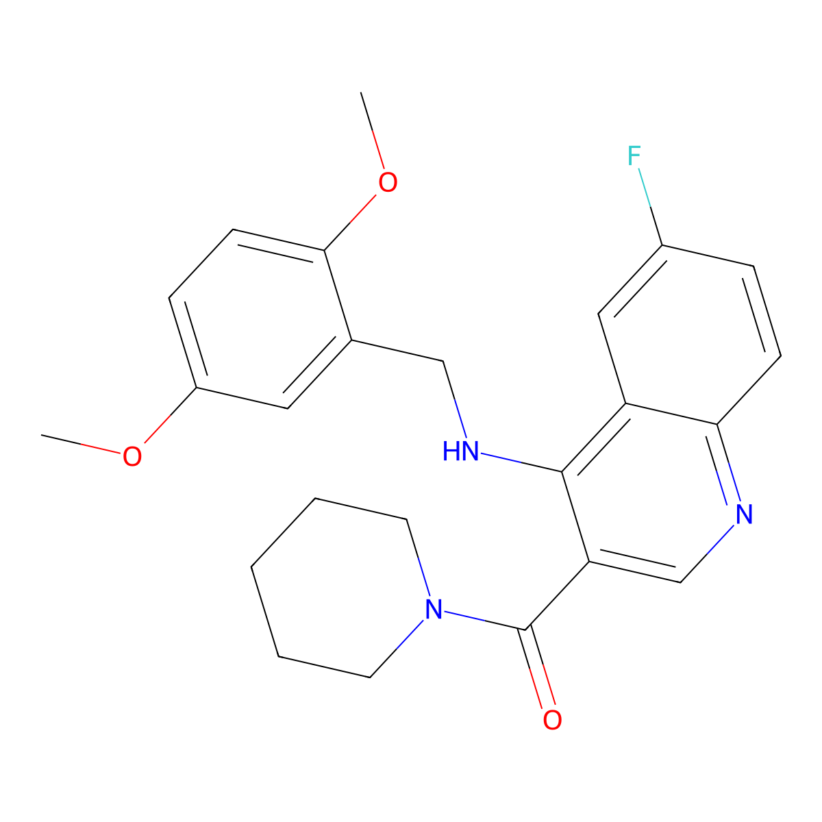 (4-((2,5-Dimethoxybenzyl)amino)-6-fluoroquinolin-3-yl)(piperidin-1-yl)methanone molecular structure, CAS 1326936-29-1