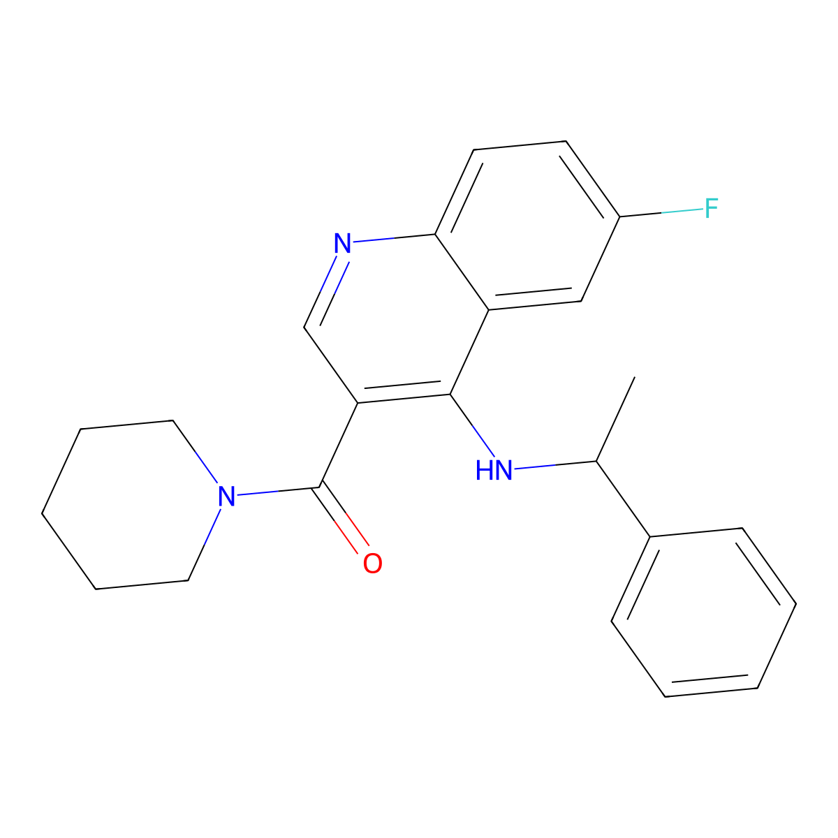 (6-Fluoro-4-((1-phenylethyl)amino)quinolin-3-yl)(piperidin-1-yl)methanone molecular structure, CAS 1326936-31-5