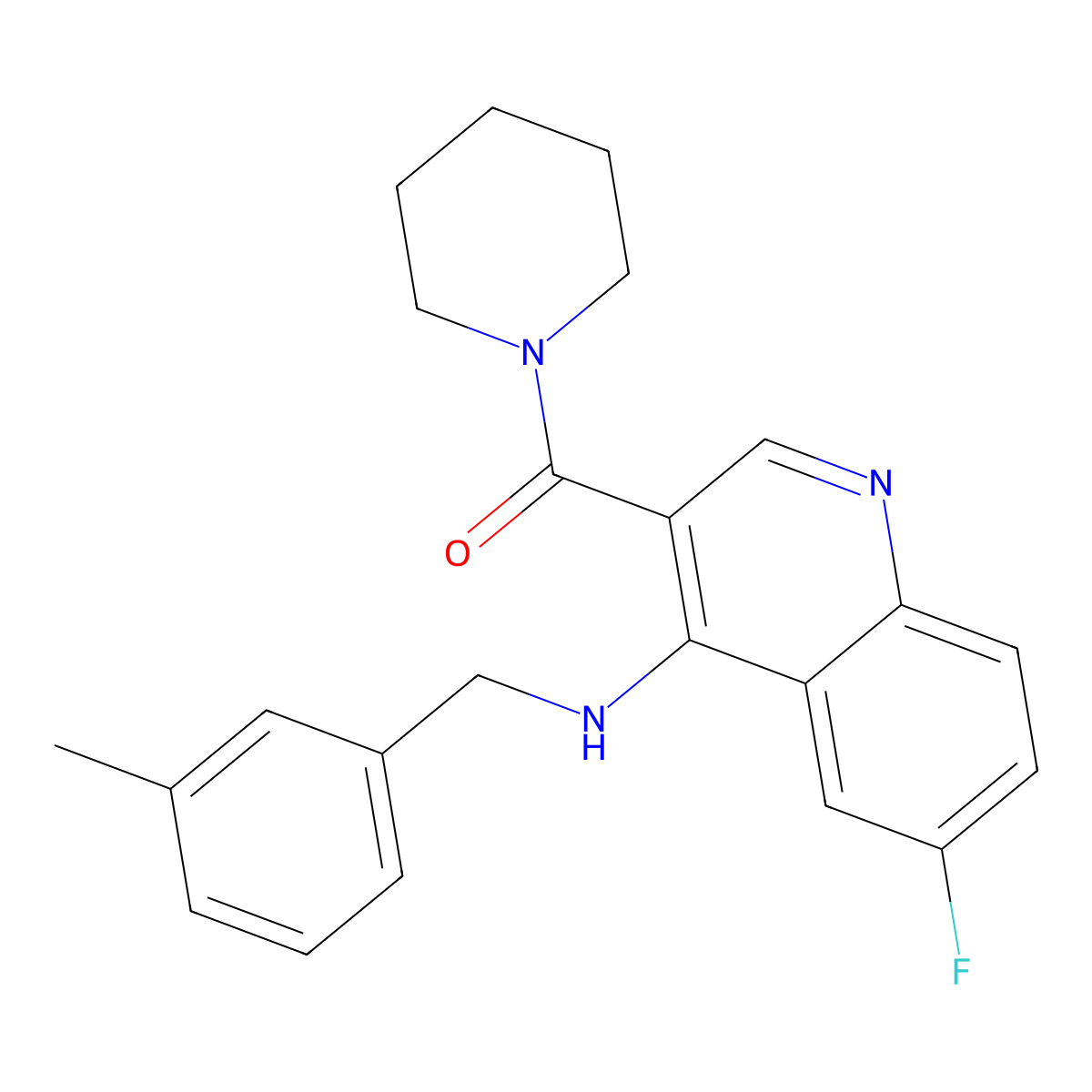 (6-Fluoro-4-((3-methylbenzyl)amino)quinolin-3-yl)(piperidin-1-yl)methanone molecular structure, CAS 1326936-32-6
