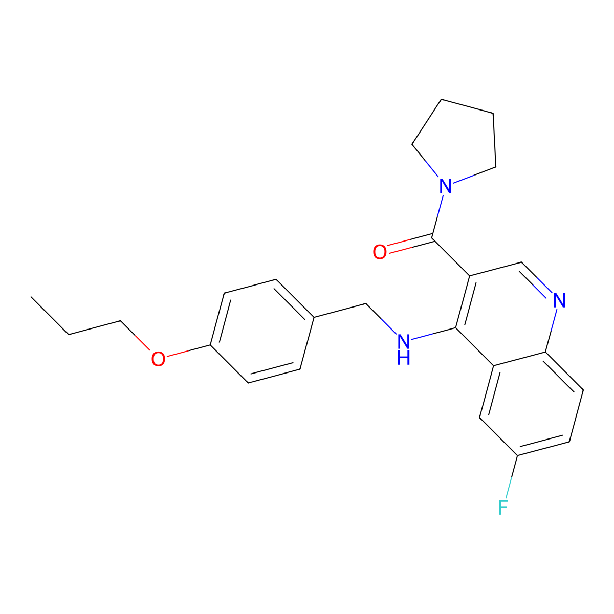 (6-Fluoro-4-((4-propoxybenzyl)amino)quinolin-3-yl)(pyrrolidin-1-yl)methanone molecular structure, CAS 1326943-68-3