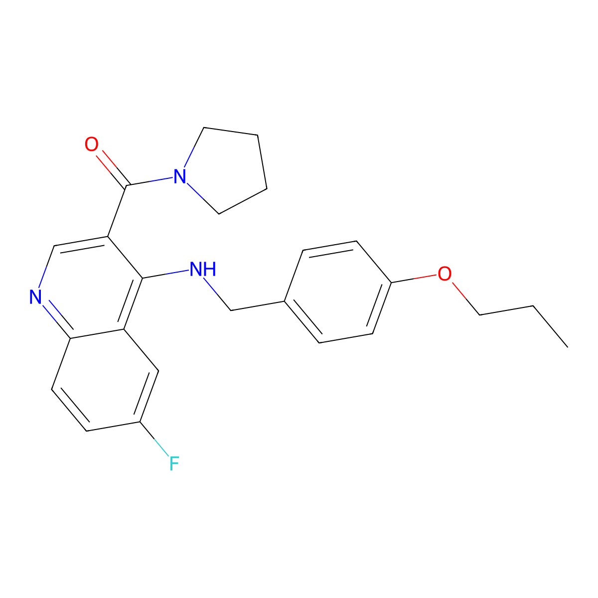 (6-Fluoro-4-((4-propoxybenzyl)amino)quinolin-3-yl)(pyrrolidin-1-yl)methanone molecular structure, CAS 1326943-68-3