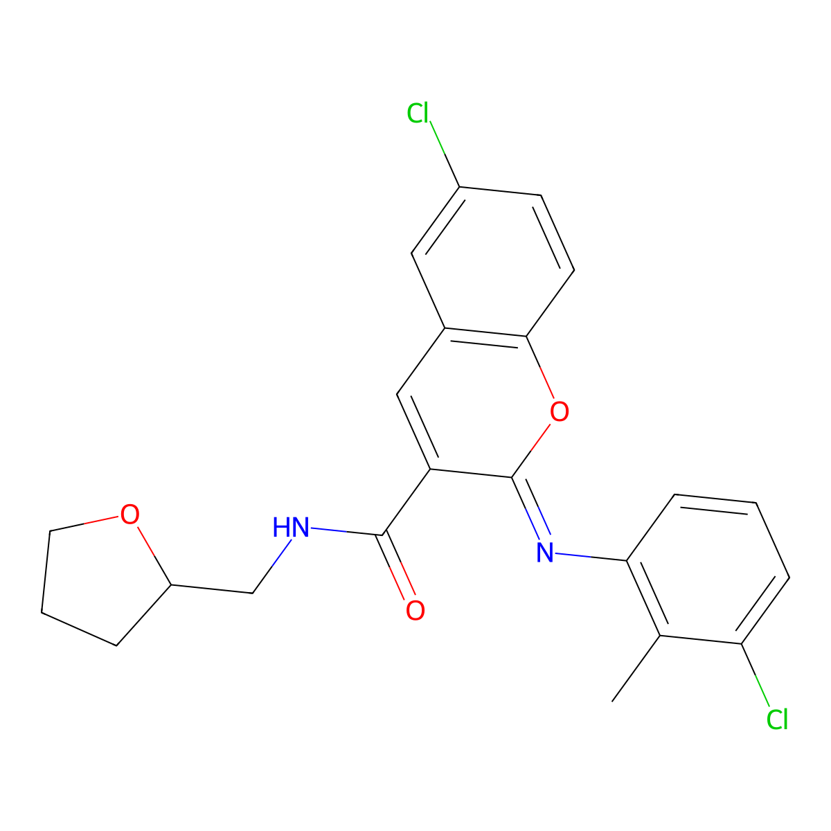 (2Z)-6-chloro-2-[(3-chloro-2-methylphenyl)imino]-N-(tetrahydrofuran-2-ylmethyl)-2H-chromene-3-carboxamide molecular structure, CAS 1327168-88-6