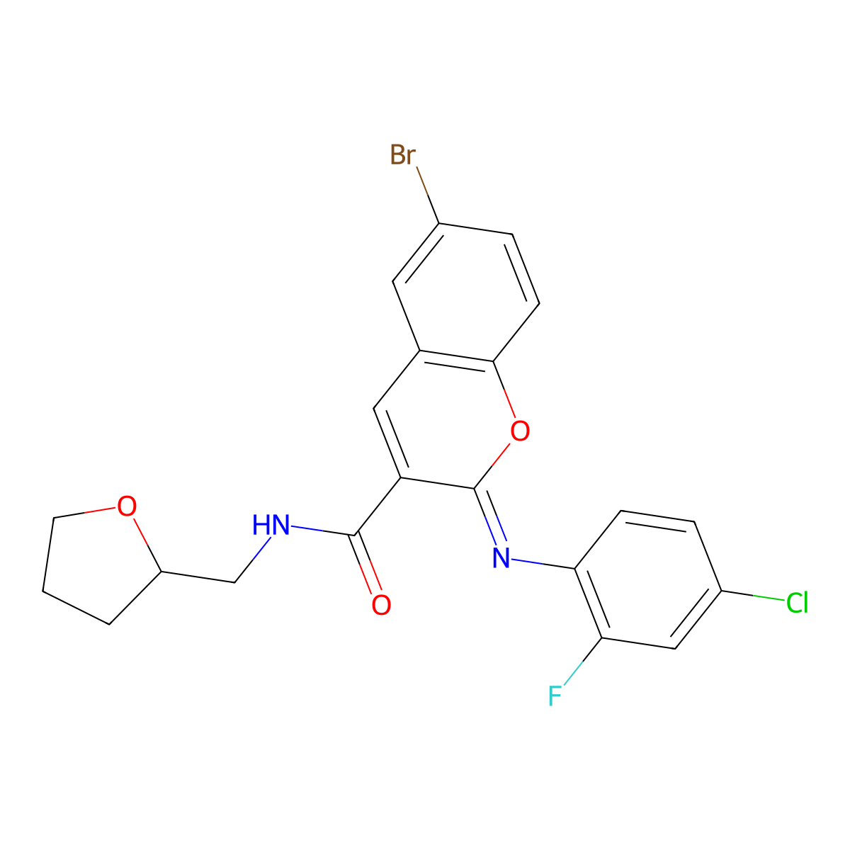 (2Z)-6-bromo-2-[(4-chloro-2-fluorophenyl)imino]-N-(tetrahydrofuran-2-ylmethyl)-2H-chromene-3-carboxamide molecular structure, CAS 1327169-26-5