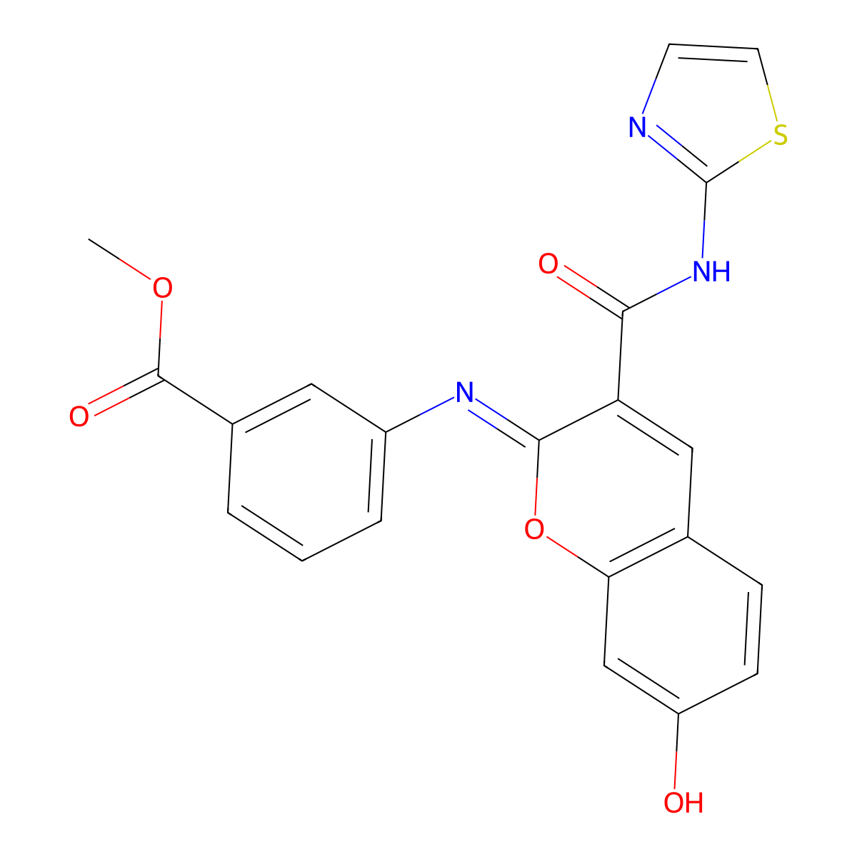 methyl 3-{[(2Z)-7-hydroxy-3-(1,3-thiazol-2-ylcarbamoyl)-2H-chromen-2-ylidene]amino}benzoate molecular structure, CAS 1327171-86-7
