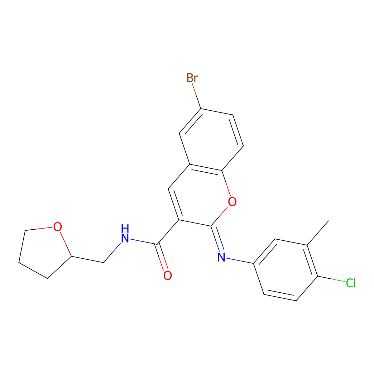(2Z)-6-bromo-2-[(4-chloro-3-methylphenyl)imino]-N-(tetrahydrofuran-2-ylmethyl)-2H-chromene-3-carboxamide molecular structure, CAS 1327175-92-7