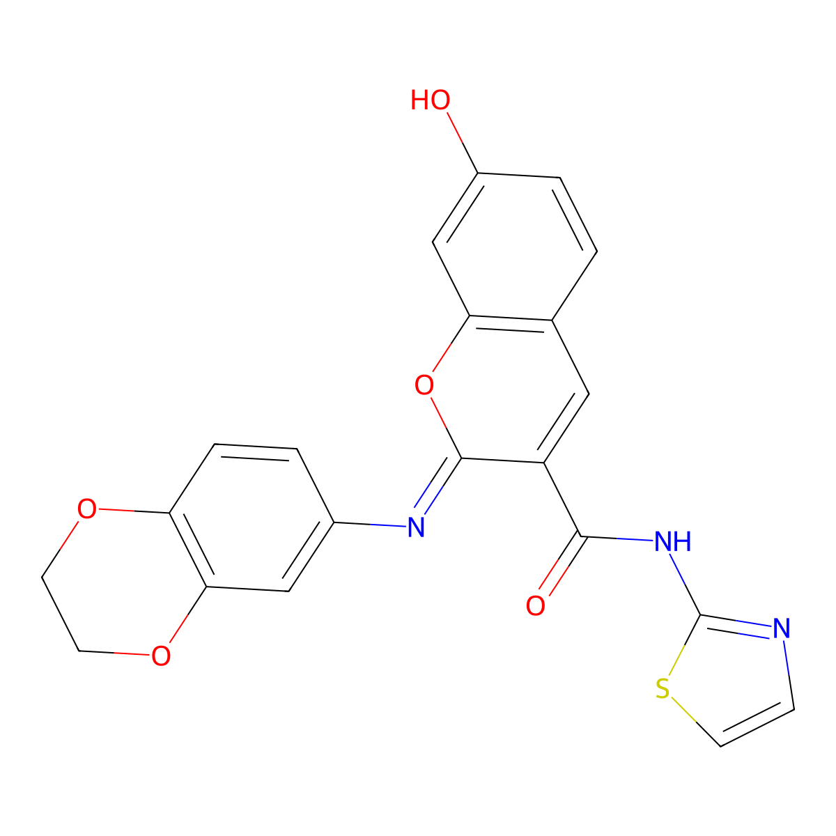 (2Z)-2-(2,3-dihydro-1,4-benzodioxin-6-ylimino)-7-hydroxy-N-(1,3-thiazol-2-yl)-2H-chromene-3-carboxamide molecular structure, CAS 1327176-41-9