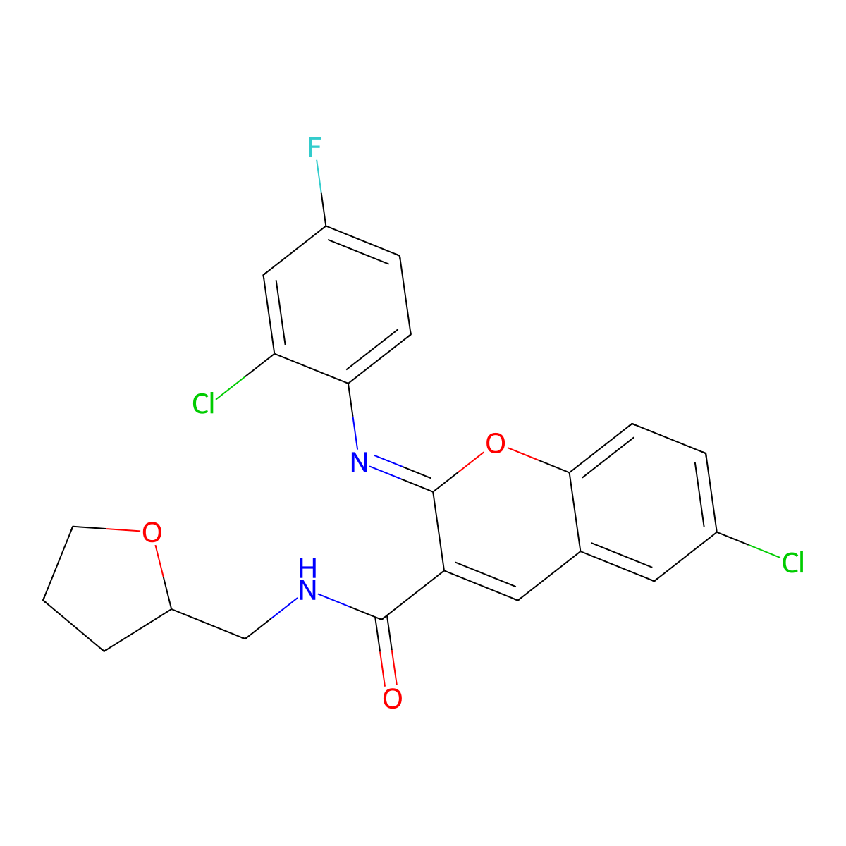 (2Z)-6-chloro-2-[(2-chloro-4-fluorophenyl)imino]-N-[(oxolan-2-yl)methyl]-2H-chromene-3-carboxamide molecular structure, CAS 1327179-27-0