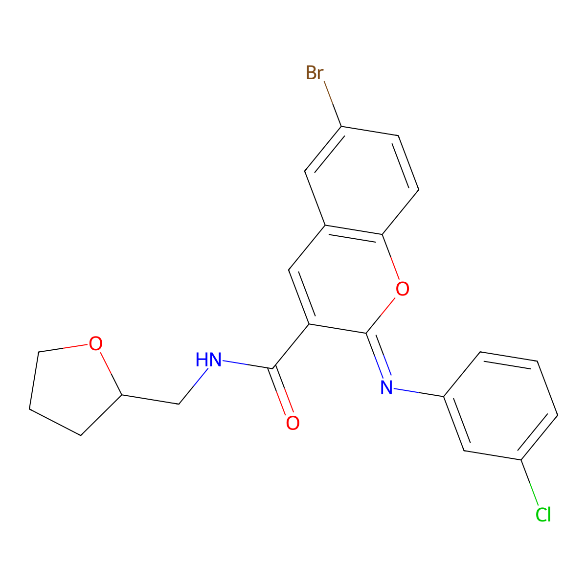 (2Z)-6-bromo-2-[(3-chlorophenyl)imino]-N-(tetrahydrofuran-2-ylmethyl)-2H-chromene-3-carboxamide molecular structure, CAS 1327179-41-8
