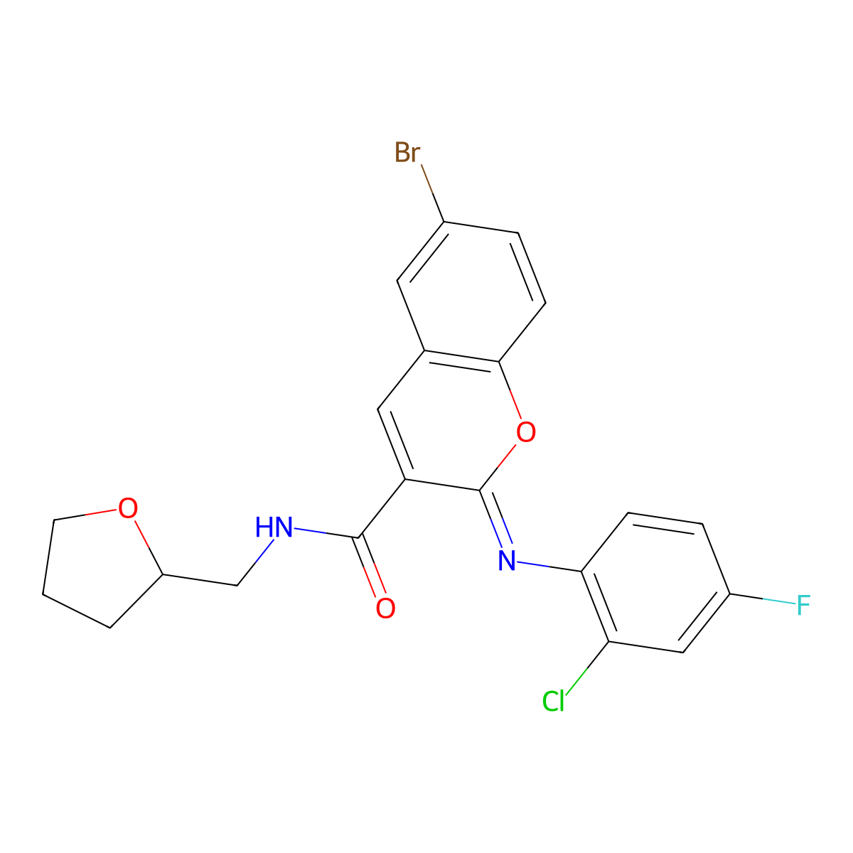 (2Z)-6-bromo-2-[(2-chloro-4-fluorophenyl)imino]-N-(tetrahydrofuran-2-ylmethyl)-2H-chromene-3-carboxamide molecular structure, CAS 1327179-84-9
