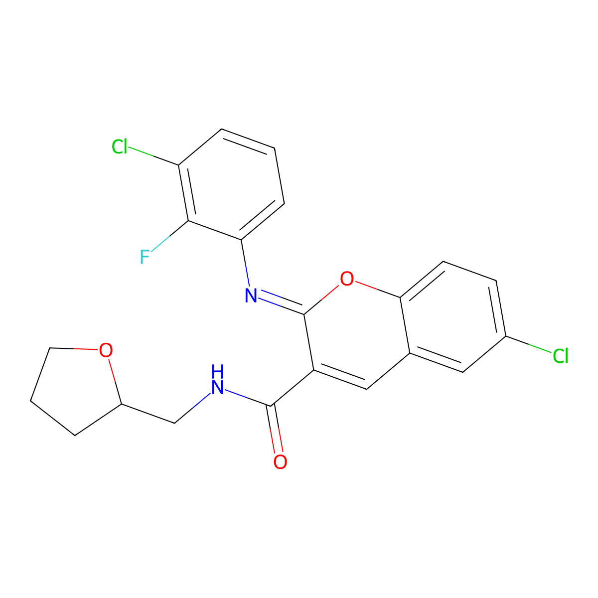 (2Z)-6-chloro-2-[(3-chloro-2-fluorophenyl)imino]-N-(tetrahydrofuran-2-ylmethyl)-2H-chromene-3-carboxamide molecular structure, CAS 1327180-90-4